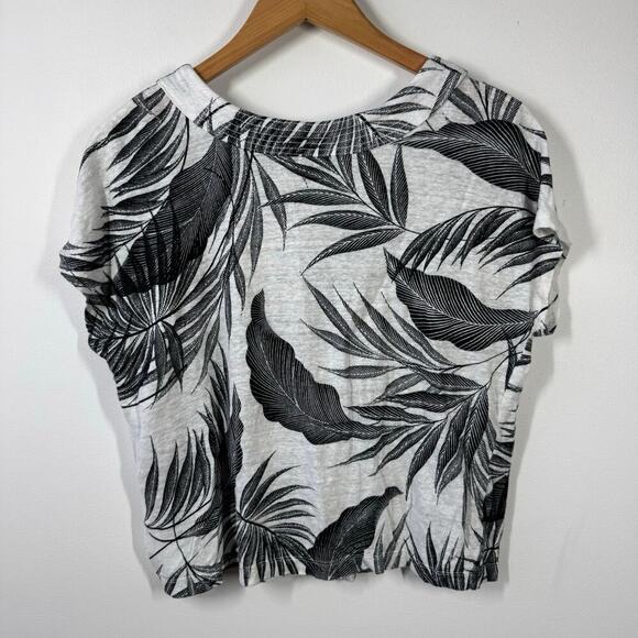 Tahari Women L 100% Linen Top Black White Leaf Button Up Crop Tropical Beach - Picture 4 of 6
